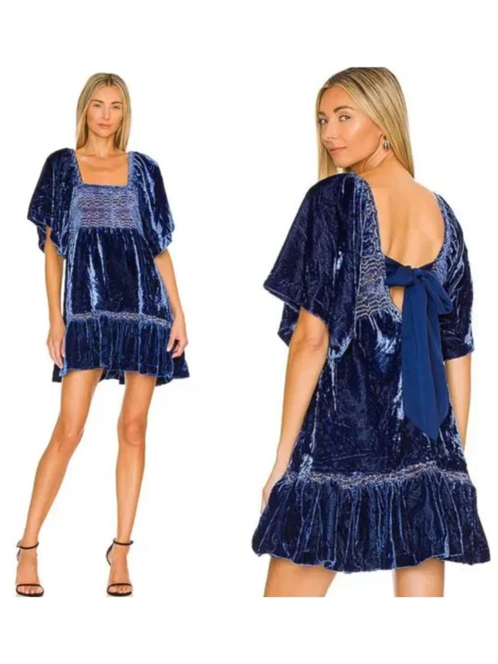 Free People EASY TO LOVE Smocked Bow Back Babydoll Mini Velvet Dress M NWT $168
